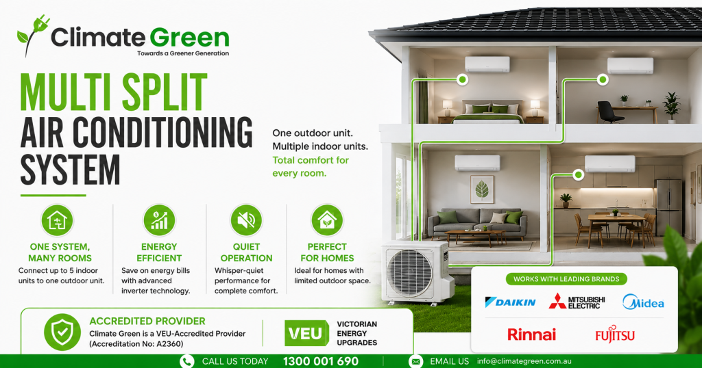 Climate Green Multi Split Air Conditioning System for Victorian homes featuring one outdoor unit connected to multiple indoor units from leading brands including Daikin, Mitsubishi Electric, Midea, Rinnai and Fujitsu.
